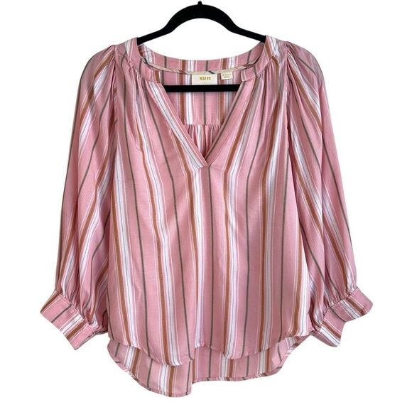 Anthropologie Maeve Brenda Pink and White Striped Boho Ballon Sleeve Blouse - Picture 3 of 9